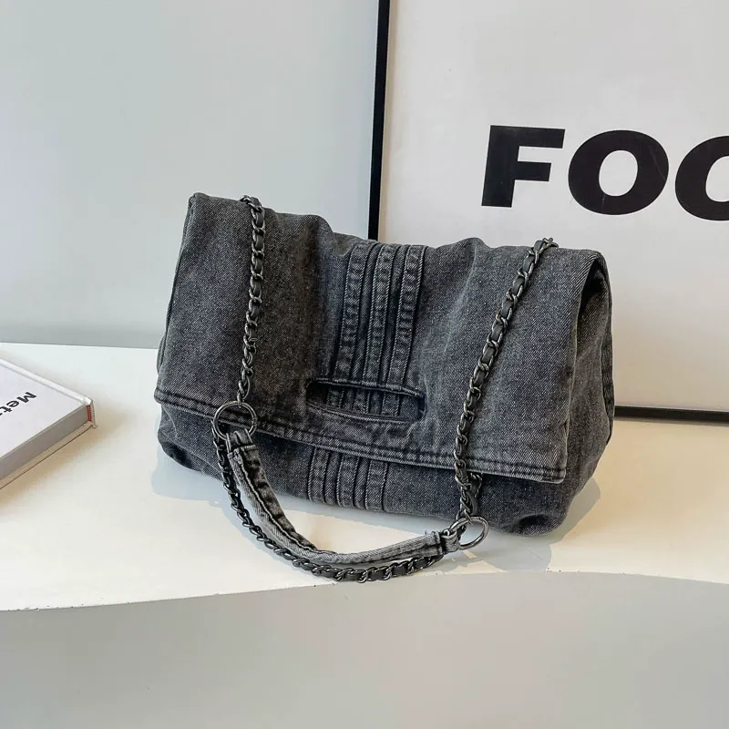 New Women's Denim Tote Bag | Stylish Large Capacity Chain Shoulder Bag | High-End Fashion for School & Commuting