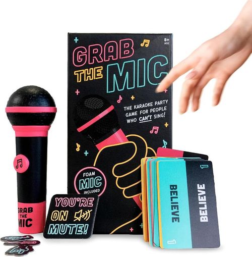 Grab The Mic Karaoke-Style Game with Foam Microphone 125 Word Cards Game Board Player Tokens & Easy Instructions for Non-Singers