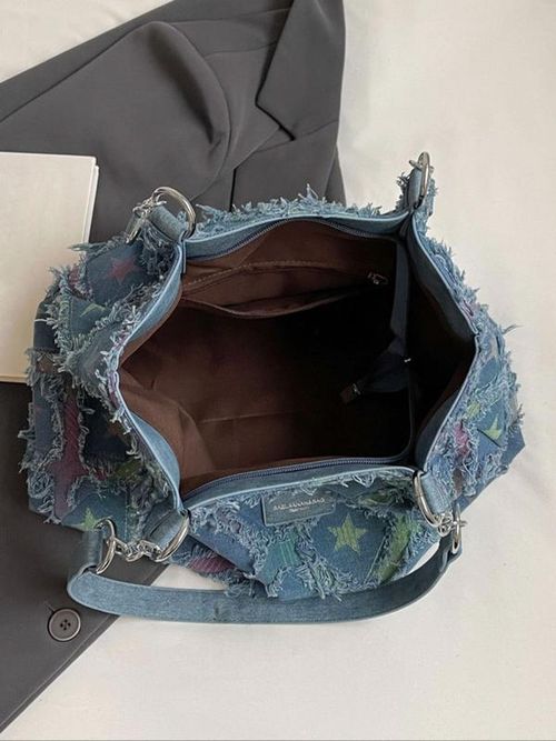 Women's Fashionable Star Pattern Raw Trim Tote Bag, Large Capacity Shoulder Bag, Elegant Commuter Rhombus Bag, High-capacity Denim High-sense Bag, Fashionable Patterned Bag, Suitable for Dating, Classes, Shopping