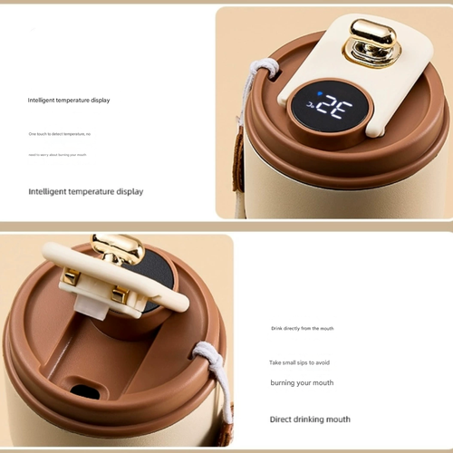 Smart temperature display insulated coffee cup | 316 stainless steel stylish thermos | Portable car travel cup | Perfect gift for coffee lovers, foggy white coffee color