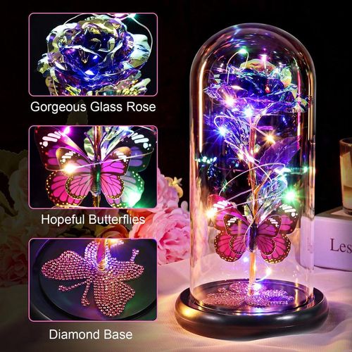 Eternal Rose Flower Led Light Up Rose in Glass Dome with Butterfly for Mom Girlfriend Boyfriend Daughter Women Teen Girl