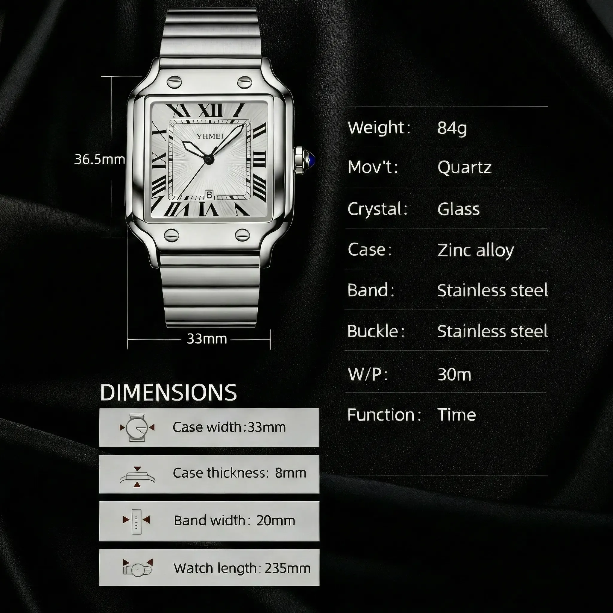 Unisex Classic Square Roman Numerals Silver Analog Water-Resistant Watch suitable for Women Men Stainless Steel Strap Date Display Casual Wristwatch