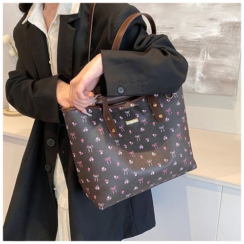 Women's Elegant Ditsy Floral Bow Pattern 25 fall&winter PU Leather Tote Bag, Large Capacity Shoulder Bag for Daily Used, Casual Trendy Versatile High-quality Daily Commuting Bag