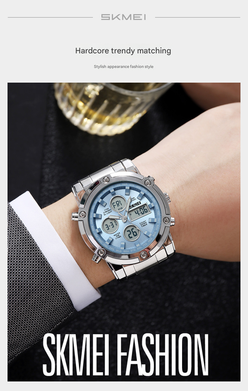 Fashion Multi functional Sports Men's Watch, 48Mm Metal Case with 3 Time Zone Night Light 30M Waterproof Stainless Steel Strap, Dual Time Display, Timer, Calendar, Alarm Clock Function Watch