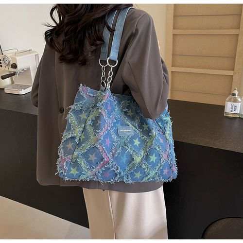 Women's Fashionable Star Pattern Raw Trim Tote Bag, Large Capacity Shoulder Bag, Elegant Commuter Rhombus Bag, High-capacity Denim High-sense Bag, Fashionable Patterned Bag, Suitable for Dating, Classes, Shopping