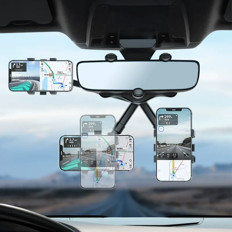 Rearview Mirror Phone Holder for Car, 360° Rotating Rear View Mount with Adjustable Arm Length, Multifunctional and GPS Universal Car All Smartphones