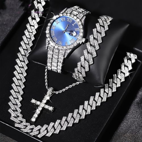 Men's Punk Style Rhinestone Decor Watch & Bracelet & Adjustable Cross Charm Necklace & Cuban Necklace, Exquisite Trendy Fashion Watch Set As Gift 4-piece set (box not included)