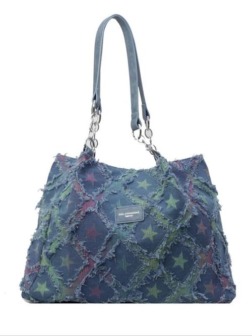 Women's Fashionable Star Pattern Raw Trim Tote Bag, Large Capacity Shoulder Bag, Elegant Commuter Rhombus Bag, High-capacity Denim High-sense Bag, Fashionable Patterned Bag, Suitable for Dating, Classes, Shopping