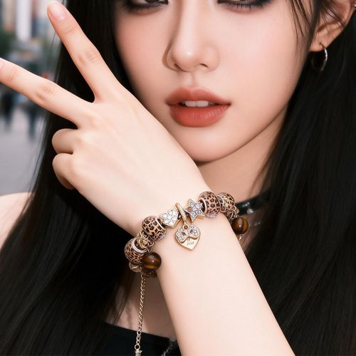 Women's Leopard Print Beaded Bracelet with Bow, Heart, Clover and Tiger Eye Stone, Trendy Fashion Jewelry, Heart Shaped Bracelet, Heart Charm Bracelet, Perfect for Parties, Nights Out and Daily Wear