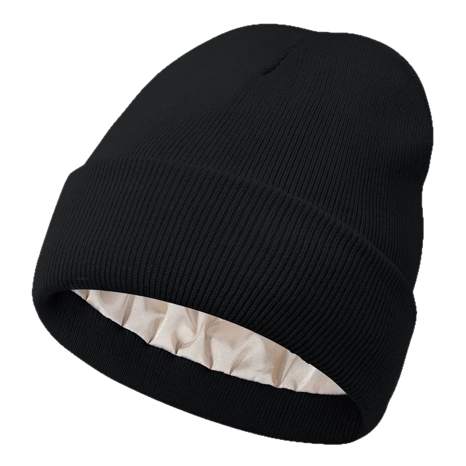 Fall Winter Unisex Satin Lined Knit Beanie - Windproof Warm Hair Protection Hat, Outdoor Cold Weather Thermal Skull Cap
