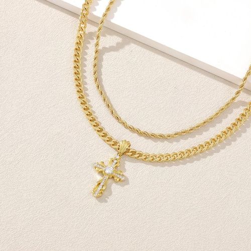 Layered Cross Necklace Faith Pendant for men and women, 14K Gold-Plated Delicate Cubic Zirconia Pendant Necklace, Fashionable Religious & Jewelry for Christmas Gifts