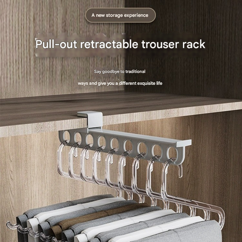 New Home Pull-Out Sliding Rail Pants Hanger Wardrobe Organizer Space-Saving Drill-Free Installation Telescopic Bracket
