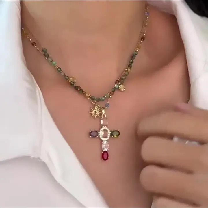 Rainbow Cross Pendant Necklace for Women Gothic Catholic Christian Costume Accessories Jewelry