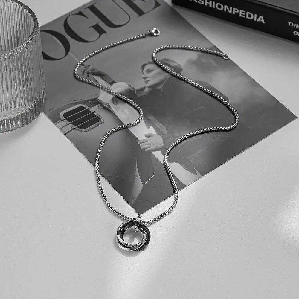 Unisex Titanium Steel Three-Ring Necklace - Fade-Resistant Ring Pendant, Ins Streetwear Hip Hop Style, Hoodie Chain Statement Accessory