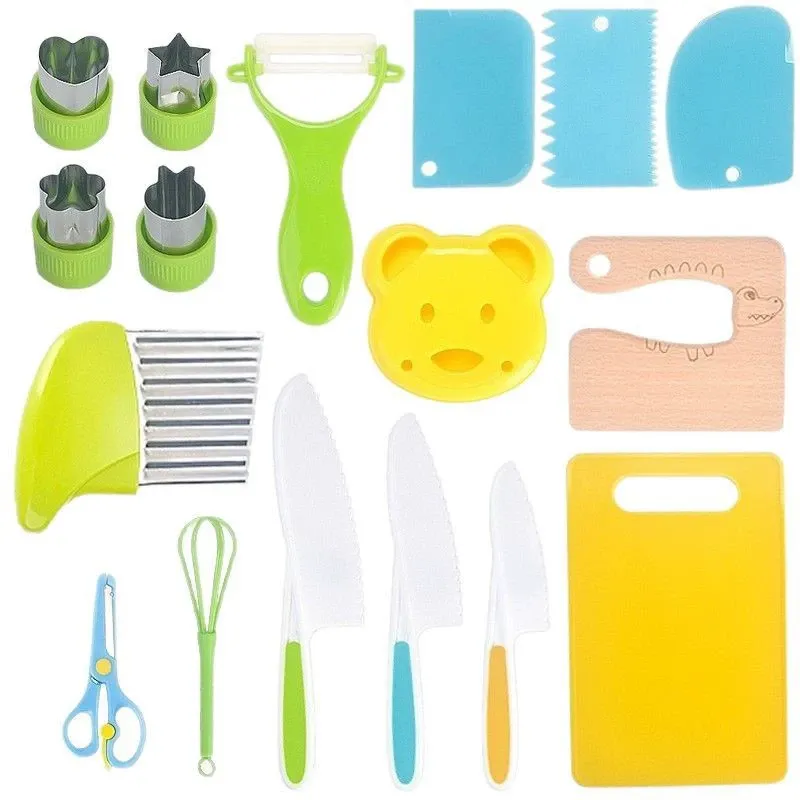 eeammk Montessori 17 PCS Kids Cooking Set Real Cooking Knives Tools Kit for Toddlers Kids Gift for Boys Girls Springtok Pretend Play Toys