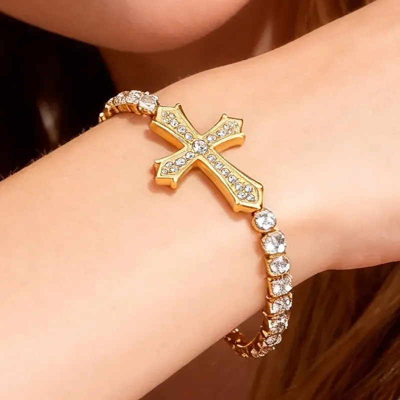Cross Jesus Bracelet Hypoallergenic Gold-Plated with Cubic Zirconia Adjustable Wristband 9.45 Inches Unisex Gift for Christmas Valentine's Day Birthday