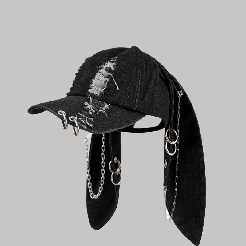 Unisex Wasteland Style Bunny Ear Baseball Cap, Punk Denim Trucker Hat with Chain, Streetwear Hip Hop Costume for Halloween Party