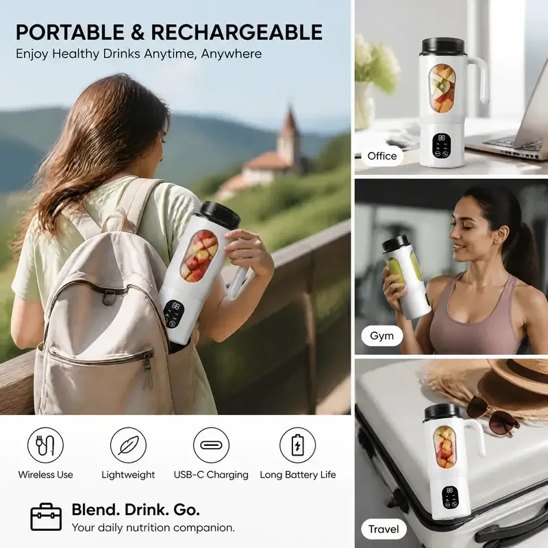 Compact Cordless Portable Blender - USB-Rechargeable Handheld Juicer & Citrus Juicer, 22000 RPM, LED Display, Anti-Slip Feet, BPA-Free Food-Grade, 5s Auto-Stop Safety, Self-Cleaning Ice Crusher for Frozen Drinks (Kitchen Household Appliance)