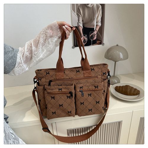 Women's Chocolately Fall&Winter Bow Pattern Tote Bag, Fashionable Multi-pocket Shoulder Bag for Daily Used, Casual Trendy Versatile High-quality Daily Commuting Bag