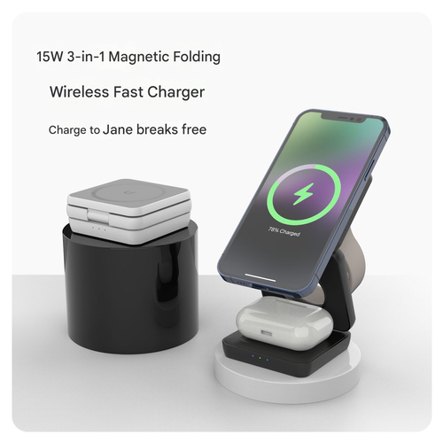 Upgraded 3-in-1 Foldable Magnetic Wireless Charger with Phone Stand | Fast Charging for iPhone Huawei | Desktop Charging Station