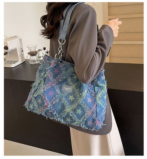 Women's Fashionable Star Pattern Raw Trim Tote Bag, Large Capacity Shoulder Bag, Elegant Commuter Rhombus Bag, High-capacity Denim High-sense Bag, Fashionable Patterned Bag, Suitable for Dating, Classes, Shopping