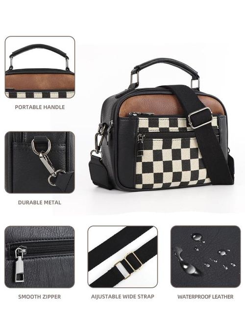 Checkerboard Pattern Colorblock Crossbody Bag, Fashionable Patterned Bag, Fashion PU Leather Waterproof Zipper Shoulder Bag for Women, Casual Trendy Versatile High-quality Daily Commuting Bag, Mothers Day Gift Ideas