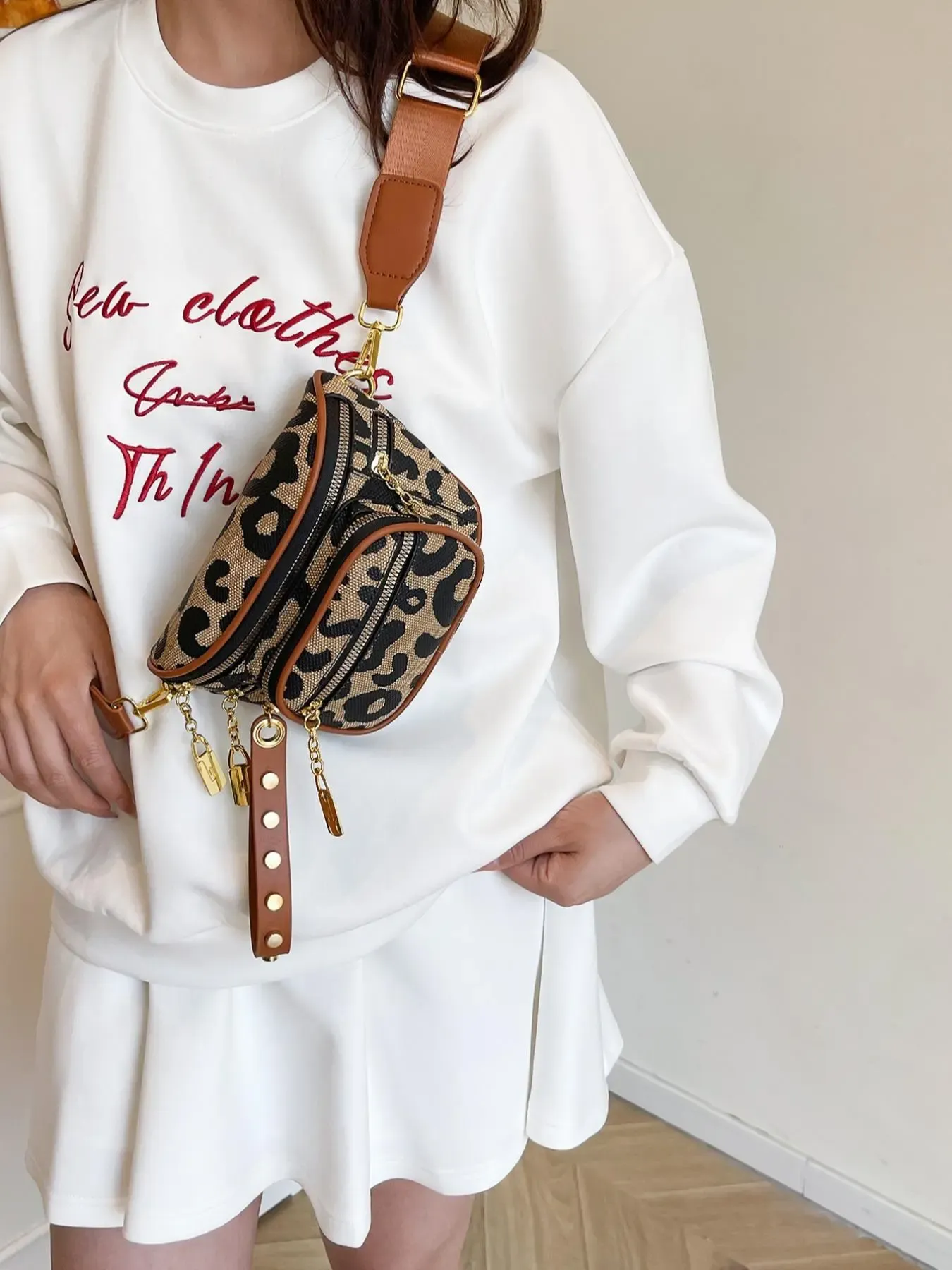 Mini Crossbody Belt Bag, Pure Color Design, Punk Style, Geometric Pattern, Leopard, Multi-Layer Storage, Suitable for All Seasons, Zipper Belt Bag, Crossbody Fanny Pack, Casual Bum Bag