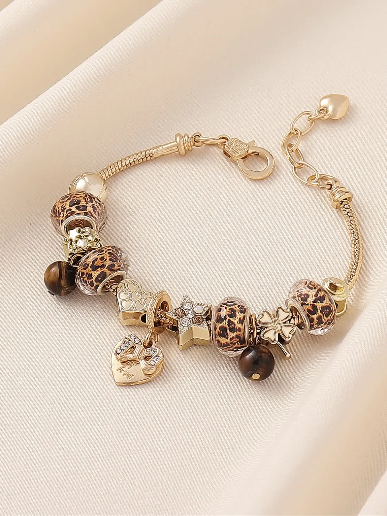 Women's Leopard Print Beaded Bracelet with Bow, Heart, Clover and Tiger Eye Stone, Trendy Fashion Jewelry, Heart Shaped Bracelet, Heart Charm Bracelet, Perfect for Parties, Nights Out and Daily Wear