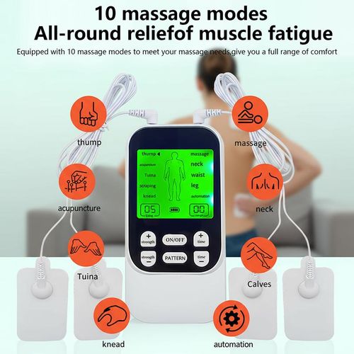 Muscle Massage Unit, 10 Modes Dual Channel, 30 Intensity Levels, Compact Rechargeable Body Massager with 4 Pads