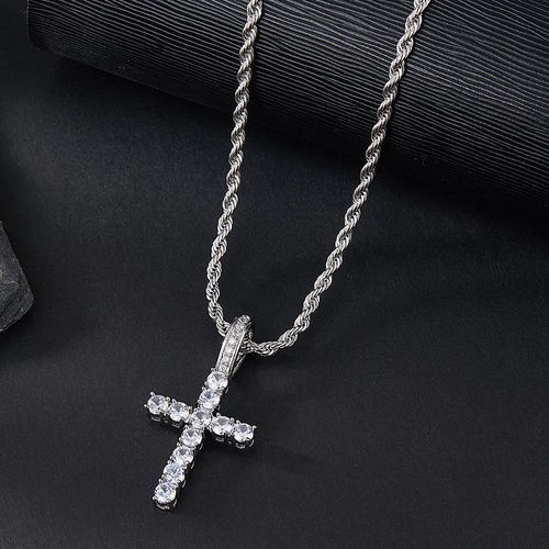Men's Punk Style Rhinestone Decor Watch & Bracelet & Adjustable Cross Charm Necklace & Cuban Necklace, Exquisite Trendy Fashion Watch Set As Gift 4-piece set (box not included)