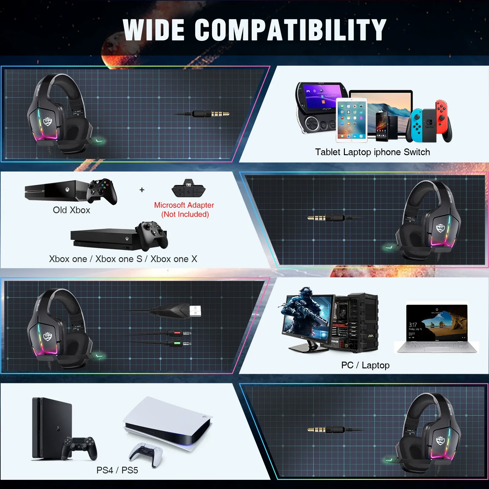 Wired Gaming Headset, Noise Canceling Headphones with Wireless Microphone, Wired Game Headset with RGB LED Light for Xbox One Series X and S PS4 PS5 PC Switch, Electronic Device Game Accessories, New Tech Gadgets