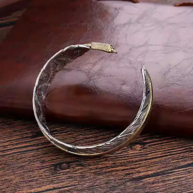 Vintage Feather Cuff Bracelet for Men - Adjustable Open Bangle, Trendy Stack Bangle, Metal Coating Costume Jewelry, Everyday Wear Accessory, Ideal Gifts for Him Mens Gifts