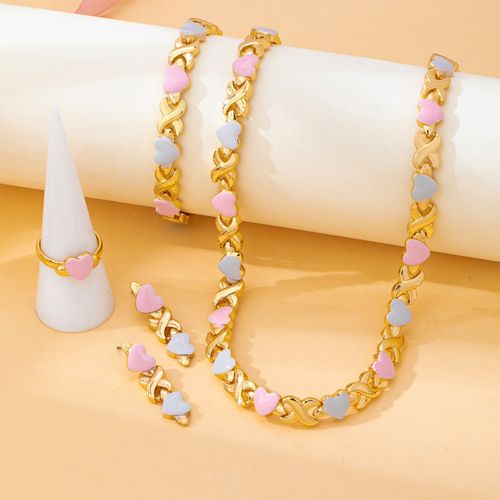 Royal-Inspired Color XO Heart Necklace & Bracelet & Earrings Set, Matching Jewelry Set, Casual Style Metal Chain Design Jewelry for All Seasons, Complete Accessories Set