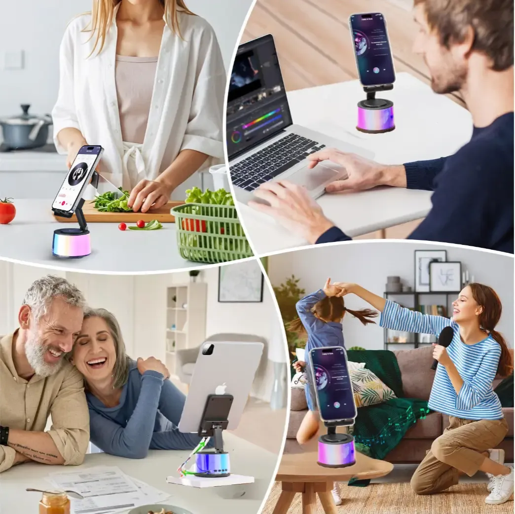 Wireless Induction Audio Bluetooth Speaker 5in1 Cellphone Holder USB Emergency Rechargeable (5000mAh) Portable Power Mobile Tablet Stand with Colorful Ambient Light Gifts for Friend, Family