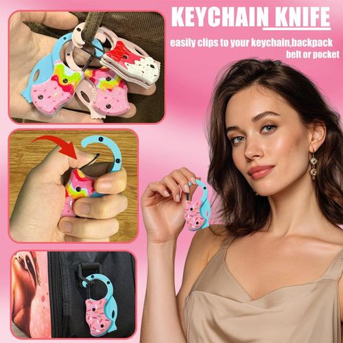 Pink Pocket Knife for Women Men, Cool Folding Knife Box Cutter, Mini EDC Knives for Everyday Carry, Folding Utility Knife with Unique Donut Design, Ideal Gifts Toy knife for Men and Women
