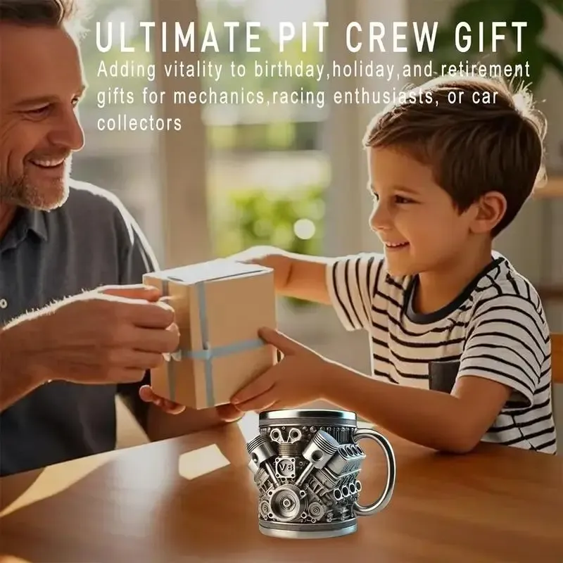 Personalized Stainless Steel Mug - V8 Engine Design, 10oz Handcrafted Durable & Stylish, Perfect for Car Enthusiasts,Coffee Cup,Birthday Present,Holiday Gift Reusable