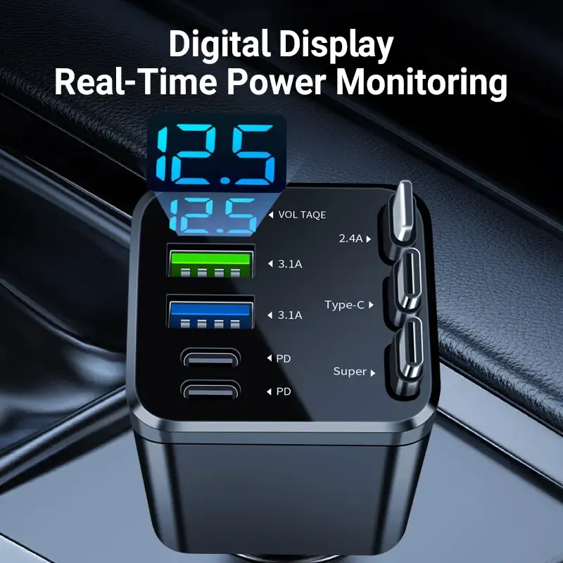 Super Fast Car Charger: QC3.0&PD2.0,120W Max,3 Retractable Cables + 4 Ports | 7-in-1,Smart Chip & LED Voltage Display | Universal Charging Solution for iPhone & AndroidThe Ultimate Road Trip Companion
