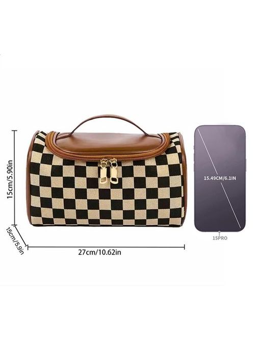 Fashion Colorblock Checked Pattern Makeup Bag, Casual Versatile Zipper Makeup Pu Leather Storage Bag, Makeup Organizer Pouch for Women & Girls