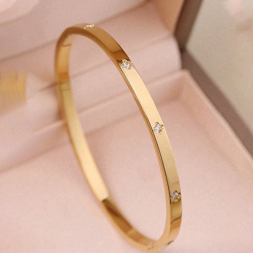 Fashion Gold-Plated Four-Leaf Clover Diamond-Studded Open Bangle, Women's Light Luxury Versatile Stackable Stainless Steel Jewelry