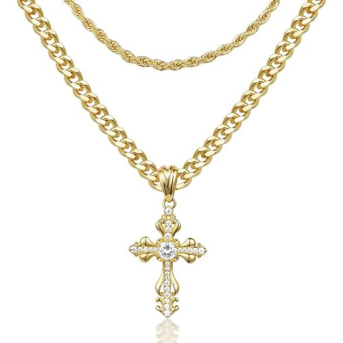 Layered Cross Necklace Faith Pendant for men and women, 14K Gold-Plated Delicate Cubic Zirconia Pendant Necklace, Fashionable Religious & Jewelry for Christmas Gifts