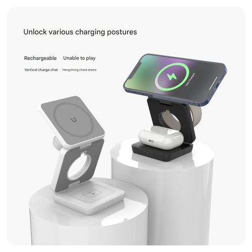 Upgraded 3-in-1 Foldable Magnetic Wireless Charger with Phone Stand | Fast Charging for iPhone Huawei | Desktop Charging Station