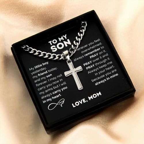 1pc to My Son Stainless Steel Cross Pendant Necklace, Birthday Gift, Valentine's Day Gift, Christmas Gift, with Card and Gift Box Packaging, the Perfect Gift for Loved Ones