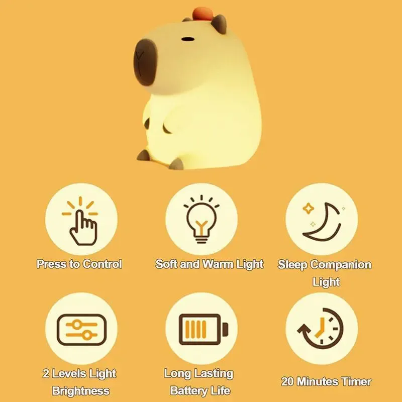 Cartoon Capybara Design Night Light,Squishy night light,USB Rechargeable Animal Shaped Night Light,Portable Touch Control Light For Bedroom,Living Room,Office,Suitable for Baby, Toddler, Girl