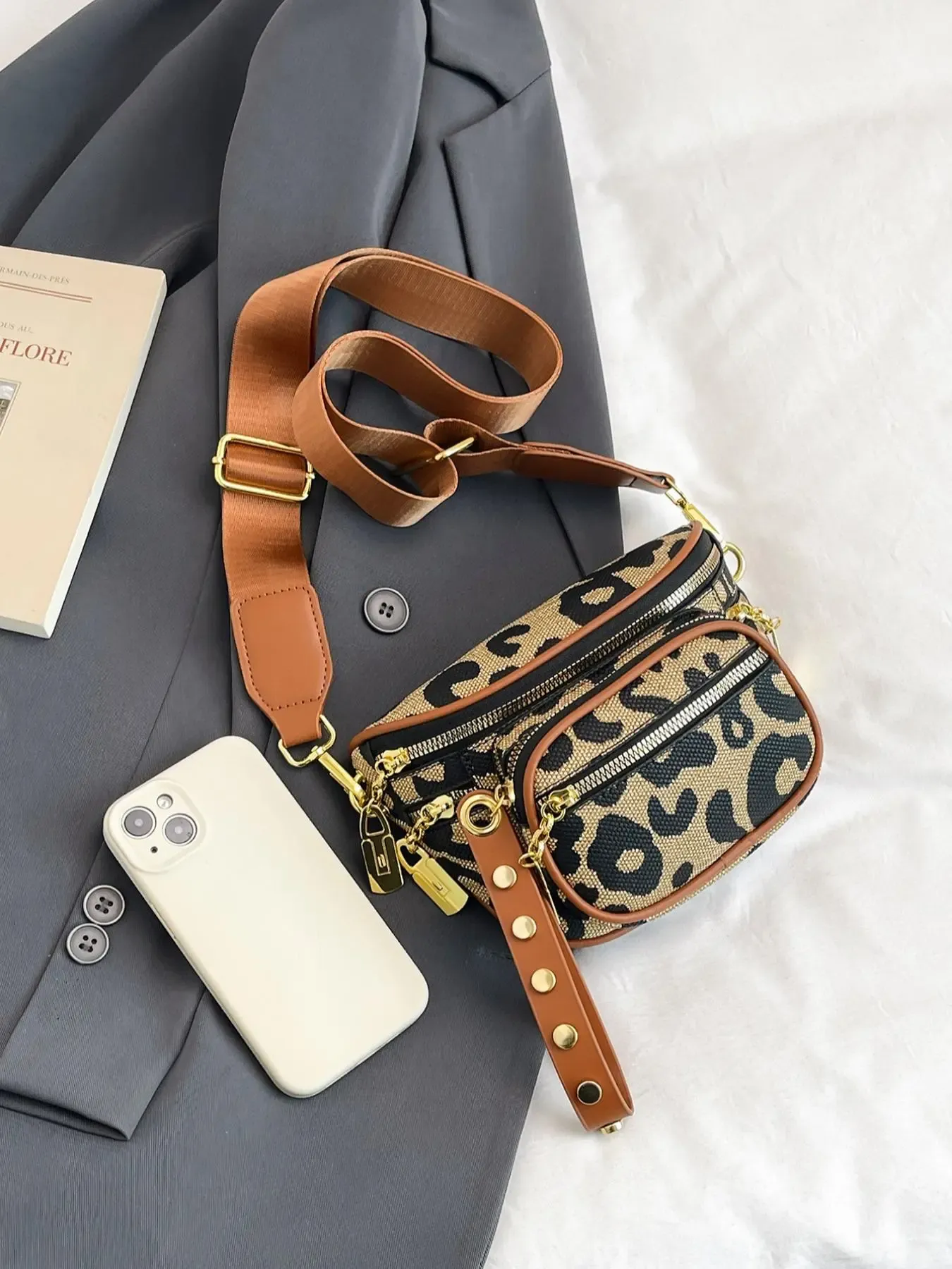 Mini Crossbody Belt Bag, Pure Color Design, Punk Style, Geometric Pattern, Leopard, Multi-Layer Storage, Suitable for All Seasons, Zipper Belt Bag, Crossbody Fanny Pack, Casual Bum Bag