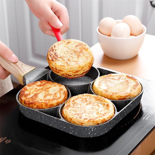 4-hole Non-stick Frying Pan, 1 Count Household Egg Frying Pan with Wooden Handle, Easy To Clean Small Frying Skillet for Home Kitchen, Birthday Gift Ideas, Nonstick Cookware