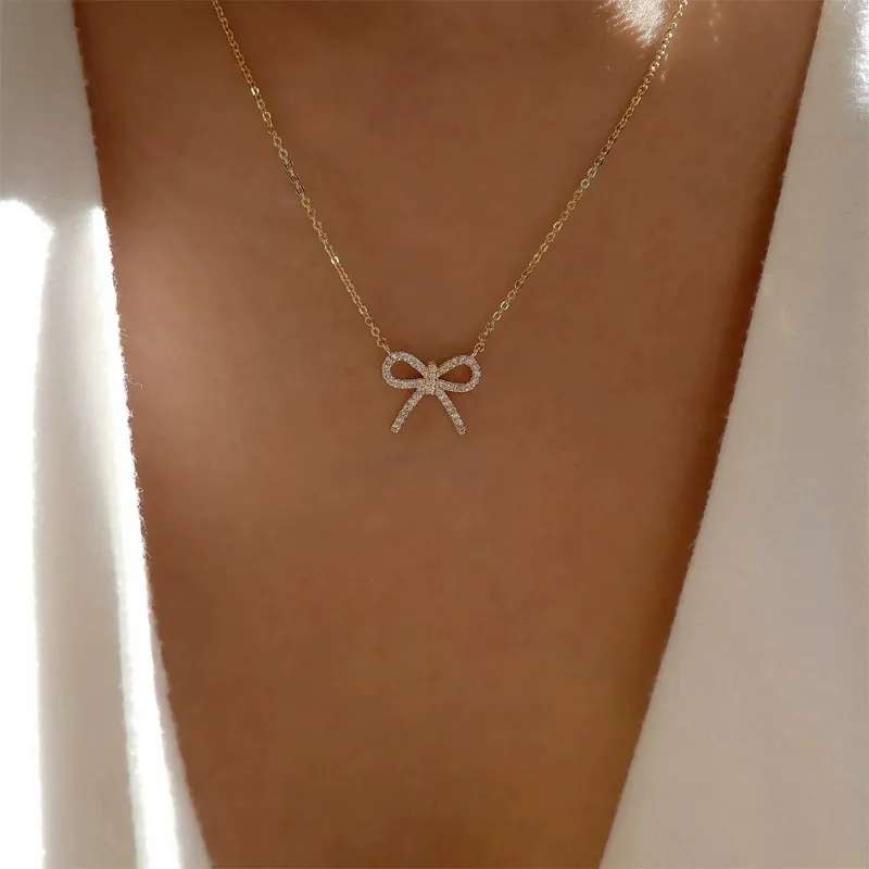 Rhinestone Bow Decor Chain Necklace, Clavicle Chain Matching Necklace for Gift, Elegant All-match Fashion Women Jewelry Accessories for Daily Fall