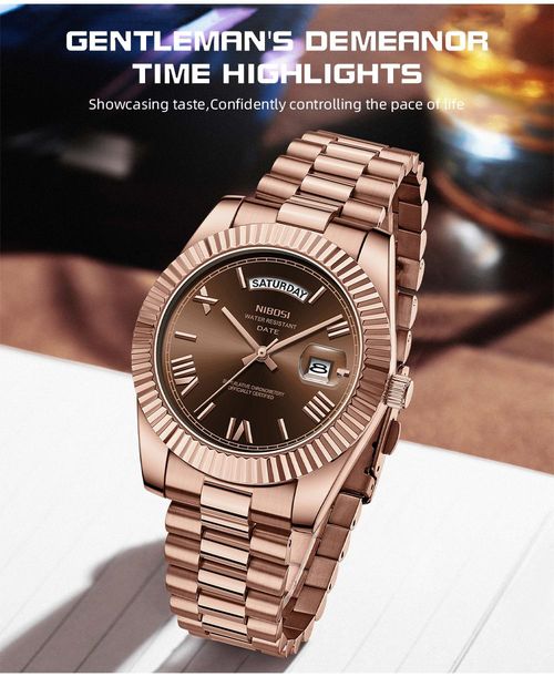 Luxury dress watch for men, 40mm rose gold dial, stainless steel bracelet, rotating quartz analog movement, water-resistant, luminous large dial, a sophisticated business watch, no watch box included.