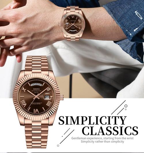 Luxury dress watch for men, 40mm rose gold dial, stainless steel bracelet, rotating quartz analog movement, water-resistant, luminous large dial, a sophisticated business watch, no watch box included.