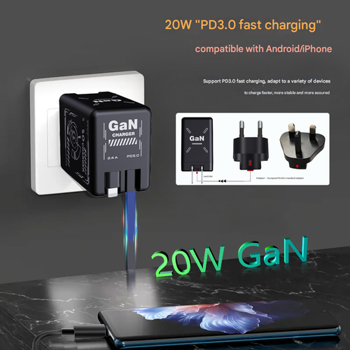 Hot Sale Dual PD+USB Smart Fast Charger | Built-in Retractable Cable | Apple Huawei Compatible | UK Plug | A+C Dual Ports