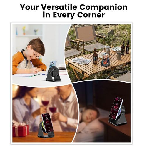 4 IN 1 Wireless Induction Audio Bluetooth Speaker, 360° Rotation Stand with LED, Universal Speaker Stands for Surround Sound&Charger,Portable Desktop Stand Gift for Home, Shower, Outdoors, Travel Smartphone